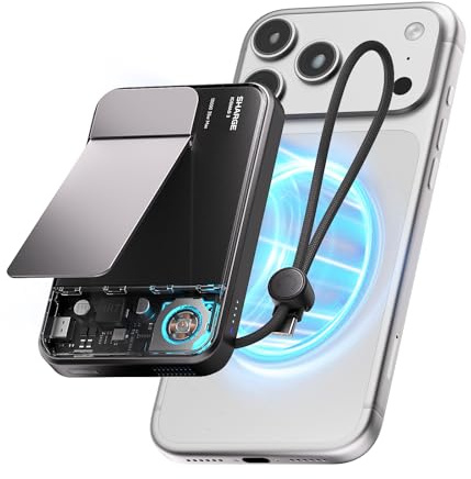 sharge ICEMAG 3 Magsafe Power Bank 10000mAh, Qi2.2 25W Wireless Portable Charger with Active Cooling 3.0, 35W Built-in Cable USB-C Fast Charging, Transparent RGB Design for iPhone 17/16