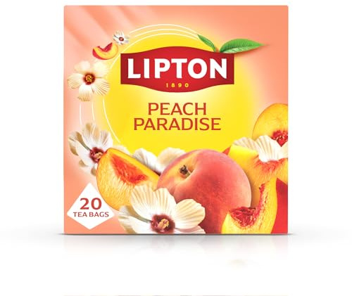 Lipton Peach Paradise Herbal Fruit Tea, 20 Teabags, Caffeine Free | For a summery cup, delicate white hibiscus, enjoy hot or iced, Rainforest Alliance certified pyramid bags
