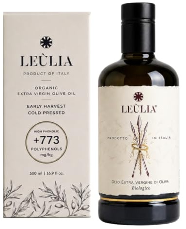 Leùlia Aceite de oliva orgánico extra virgen de Italia, Cosecha 2025/2026, 100% Orgánico, Extracción en Frío EVO, Naturalmente rico en polifenoles (500 ml)