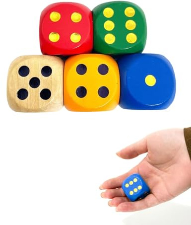 SOVYTH 5 Pieces 30 mm Wooden Dice, Colourful Game Dice, Six Sided Natural Numbers 1-6, for Board Games, Card Games
