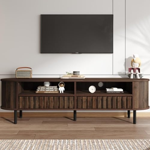 Merax TV Schrank 160x40x48 cm, Lowboard mit 2 Schubladen, Walnussfarbener MDF TV Ständer, 5 Stützbeine, Fernsehtisch für 65 Zoll Fernseher, Minimalistisches Wohnzimmer Möbel