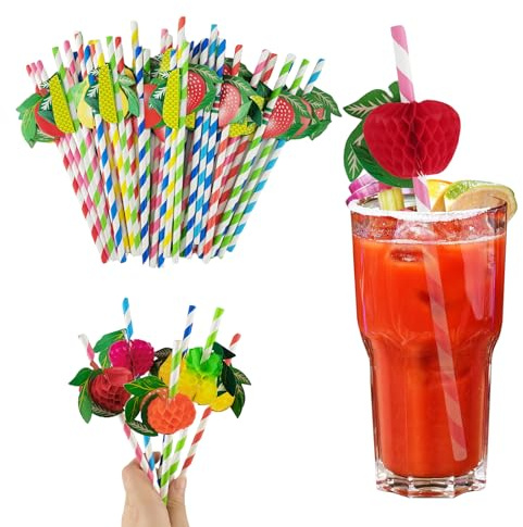 100 Stück 3D Frucht Papier Strohhalme, Cocktail Strohhalme Bunte Papier Trinkhalme, Biologisch abbaubare Strohhalme für Kalte Getränke, Saft (zufällige Farbe)