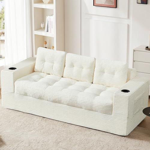 75 3-Seater Boneless Couch for Living Room, Oversized Bean Bag Chair | Modern Upholstered Cloud Floor Sofa with Cup Holder & Pillows, Compressed Sofa for Bedrooms, Dorms & Apartments, Beige