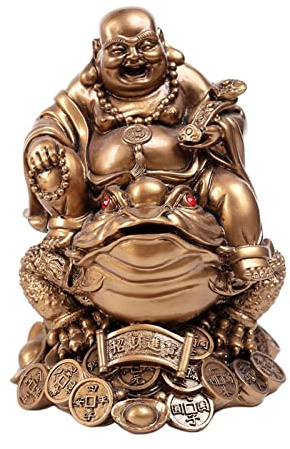 Nsaroche Buda Sonriente Figura Estatua Escultura Decoración con Rana y Monedas en Resina Ideal para Atraer Fortuna Adecuado para Aniversario Oficina Casa