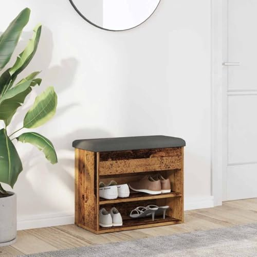 Drainlyn Skobänk, gammalt träutseende med stoppkudde, 62 x 32 x 50 cm, trämaterial, hallbänk, sittkista, garderobsbänk för entré och sovrum med förvaringsutrymme och hylla