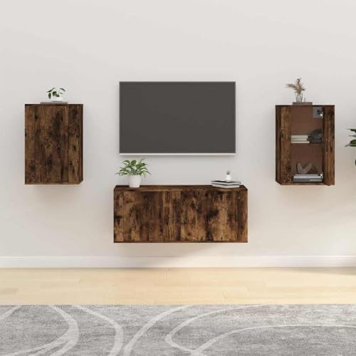 Fengshui Lot de 2 armoires TV murales Chêne fumé 40 x 34,5 x 60 cm | Matériau en bois, 2 compartiments, montage mural, montage sur porte gauche ou droite, multifonction comme table de chevet