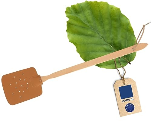 HOFMEISTER® Fliegenklatsche Mückenschutz Fliegenfänger Holz - Insekten Schläger, Holz Leder, praktische Klatsche aus Europa mit Lederband zum Aufhängen, Fliegenpatsche & Insektenvernichter, 47,5 cm