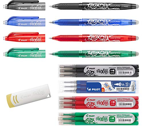 4x4 Profi Set Pilot FriXion Point 4 Tintenroller mit 4 Ersatzminen-Sets zu je 3 Stück in den Farben blau, schwarz, rot, grün mit Radierer (4x4 Profi Set, blau | schwarz | rot | grün)