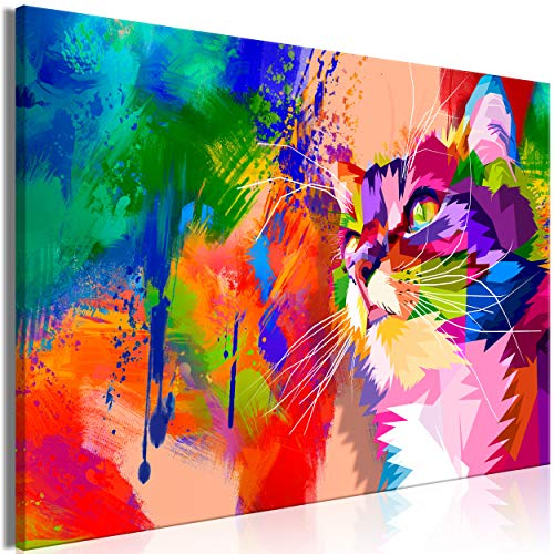 decomonkey Bilder Katze Abstrakt 90x60 cm 1 Teilig Leinwandbilder Bild auf Leinwand Wandbild Kunstdruck Wanddeko Wand Wohnzimmer Wanddekoration Deko Bunt Rosa Orange Blau Grün