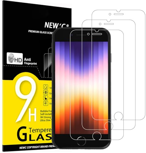 NEW'C 3 Pack, skärmskydd i glas för iPhone SE 3/2 (2022/2020 modell) 4,7 Tum, bubbelfri, 9H hårdhet, 0,33 mm ultratransparent, ultrabeständigt härdat glas