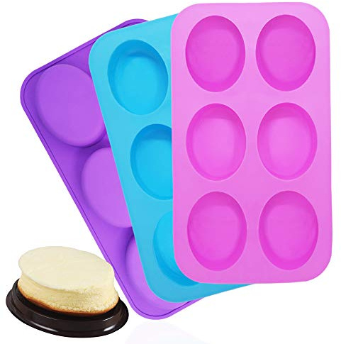 3 Packs Silicone 6 Cavities Oval Shape Cake Mold, findTop Homemade Craft Soap Mold Cake Mold for Cake Baking Tart Pudding Cookie Making- Pink, Purple, Blue