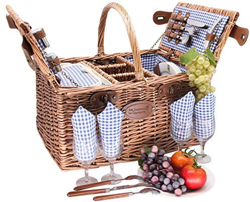 Les Jardins de la Comtesse - Picknickkorb Saint Germain Vichy blau – komplett – 4 Personen – Kühlfach – Fächer für 3 Flaschen – Teller aus Keramik – 48 x 35 x 26 cm