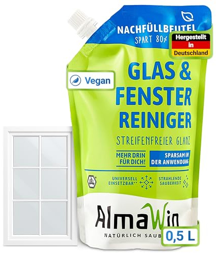 AlmaWin® Glas & Fenster Reiniger Nachfüllbeutel [0,5L] für streifenfreien Glanz - Glasreiniger ideal für Fenster, Spiegel, Auto & Mehr - Glas & Fensterreiniger Spray - 100% Natürlich & VEGAN