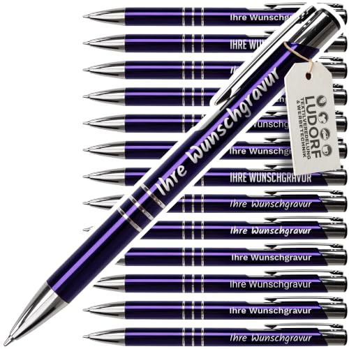 #teamludorf 25x Metall-Kugelschreiber mit Wunsch-Gravur - Personalisierte Kulis - Stift mit Namen - 14 Farben & 20 Schriftarten - 25 Stück - Lila