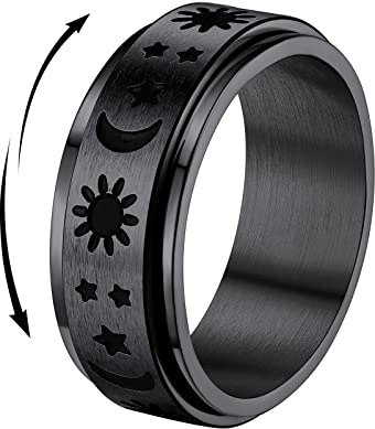 FindChic Anillos Giratorios Antiestrés de Acero Inoxidable Anillo Spinner de Luna Estrella Sol Anillo Anti Estrés de Color Negro Talla 32.5 (72.2mm)