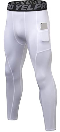 Ruowuhen Kompressionsbyxor för män med fickor, sportleggings, löparbyxor, snabbtorkande fitness, funktionella underbyxor, tights, Vit, L