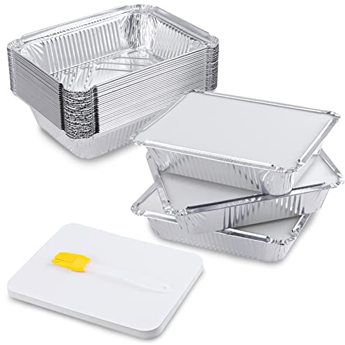 HMIEPRS 30 Stück Aluschalen Grill mit Deckel 1100ml, Alu Tropfschalen mit Silikonbürste, Aluminiumfolie Schalen Behälter, Wiederverwendbar Alu Grillschalen für Backen Braten Kochen, 22 x 16 x 5 cm