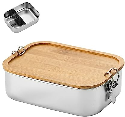 ERFGT Edelstahl Brotdose und Lunchbox, Bambus Edelstahl Brotdose mit 3 Fächern, für den täglichen Weg zur Arbeit, zur Schule, zum Camping (1200ML)
