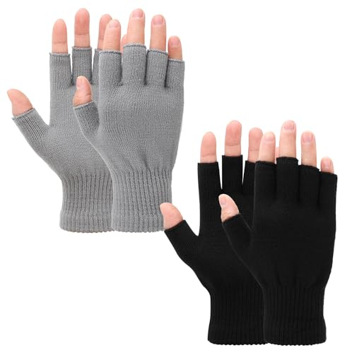 Grevosea 2 Pair Fingerless Gloves, Winter Half Finger Gloves Thickened Cashmere Warm Glove Knit Touchscreen Warm Stretchy Mittens Fingerless Glove for Men and Women Black+Grey
