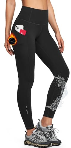 Ewedoos Fleece Lined Leggings with Pockets Water-Resistant Thermal Winter Warm Leggings for Women Yoga Pants Ski Hiking Black