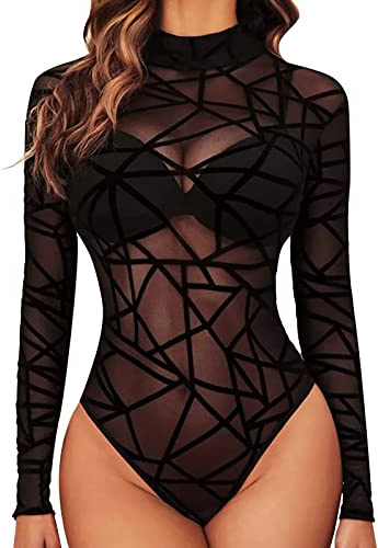 pvucpot Damen Body Sexy Bodysuit Elegant Mesh Top Langarm Formende Bodys Rollkragen Oberteil Dessous Babydoll