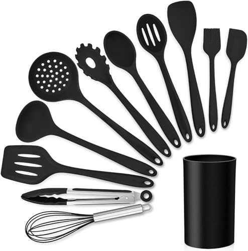 Efforias Black Kitchen Utensil Set, 12 Piece Cooking Utensils, Silicone Utensils Set with Holder, Heat Resistant Tools Include Spoons Turner Spatula Ladle Tong for Non-Stick Cookware
