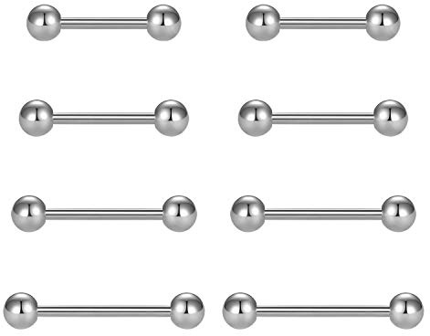 Fectas 8pcs Tongue Bars 14G 12/14/16/18mm Piercing Ring Stainless Steel Tongue Nipple Piercing Jewellery Silver