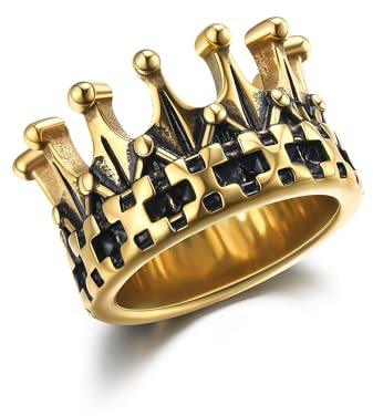 GTHIC Anillos de coronas de acero inoxidable para mujeres y hombres, punk, rey, reina, caballero, anillos dominantes, joyería en tono dorado, no se deslustra, anillos góticos, tamaño 11