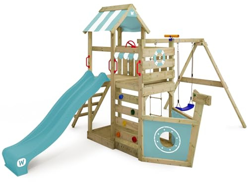 WICKEY Aire de Jeux SeaFlyer portique en Bois avec balançoire et Toboggan, Tour d'escalade pour Enfants avec bac à Sable, échelle et Accessoires de Jeu pour Le Jardin - Bleu Pastel