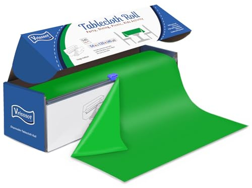Vrisssot Disposable Green Plastic Table Cover Roll 54in X 120ft - Heavy Duty Waterproof Tablecloth with Easy Slide Cutter for Camping, Garden Parties & Outdoor Events