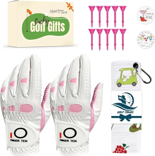 LOVMEAD Damen Golfhandschuhe für Linke Hand Rutschfester Griff bei Allen Wetterbedingungen Wert 2-Pack mit Geschenkbox, beinhaltet Golftücher, Tees und Ball Marker (Rosa, M)