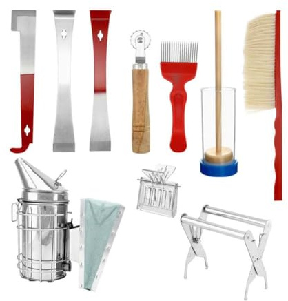 JHIALG Juego de 5/10 piezas de suministros de apicultura para herramientas de abeja, kit de ahumador de colmena, caja de agua de cultivo, equipo de alimentación de colmena, herramienta de apicultor,