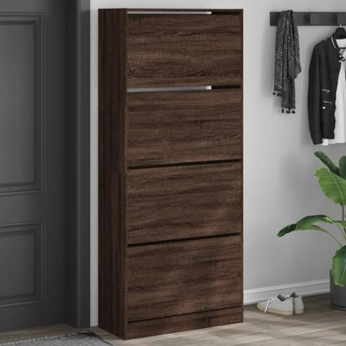 CINDERFUL Schuhschrank mit 4 Klappen Braun Eiche-Optik 80x34x187,5 cm,Schuhkipper mit 4 Klappen Platzsparendes Schuhregal für Moderne Wohneinrichtungen