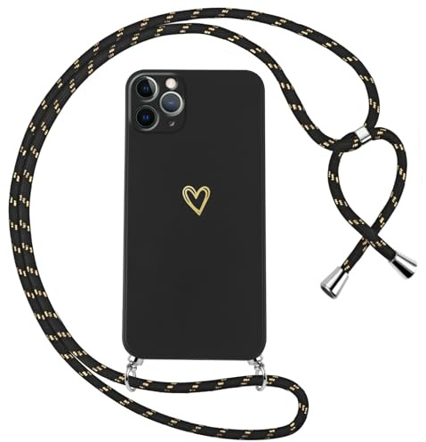 Oelrstfe Handyband für iPhone 11 Pro Hülle mit Band Herz Motiv Handyhülle für zum Umhängen Silikon Stoßfest Ultra Dünn Weich Schutzhülle mit Kordel Necklace Kette Love Muster Case,Schwarz
