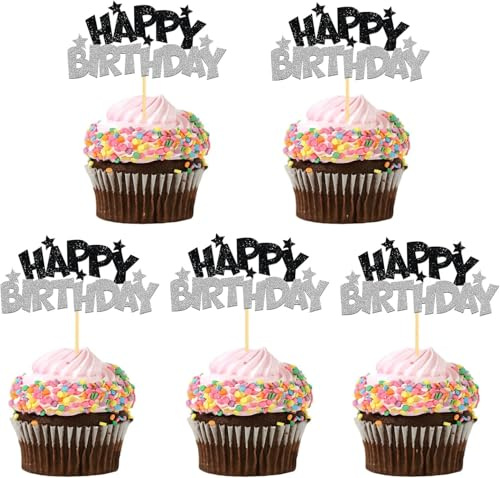 24 Stück Glitzer Geburtstag Cupcake Toppers, Happy Birthday Geburtstagsdeko, Alles Gute zum Geburtstag Kuchendekoration für Geburtstagsfeier Zubehör Party Dekoration (Silber)