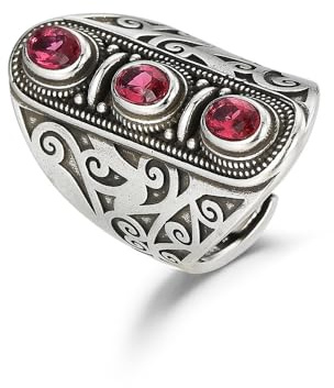 Vintage Silber graviert Statement Big Ring für Damen Herren Antik 3 Steine Rubin Diamantschliff Oval Edelstein Cocktail Court Ring Art Deco Boho Offener breiter Band Cocktail Jahrestag Ring
