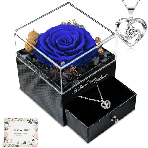 skelo Ewige Echte Rose mit Halskette, Frauen Geschenk Geburtstag, Infinity Blumen Rosen Box Schmuck Geschenkbox, Muttertag, Mama, Freundin, Ehefrau, Oma, Blau