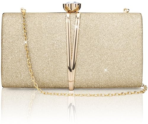 Farcauo Modische Damen-Abendtasche Kompakte Hochzeitshandtasche Schimmernde goldene Umhängetasche mit abnehmbarem Kettenriemen