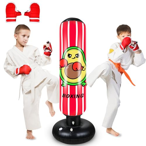 Sac de Frappe Enfant, 120cm Punching Ball Enfants, Sac de Boxe Gonflable avec Gants de Boxe, Cadeau pour Garçons et Filles de 3 à 12 Ans pour Karaté, Taekwondo, MMA