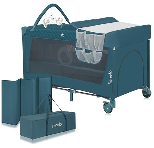 lionelo Flower Camita de Viaje 4 en 1 65 x 125 x 76 cm para niños hasta 15 kg Colchón Organizador Cambiador Toy Bar Juguetes interactivos 2 Reudas Compacta Bolsa (Green Turquoise)