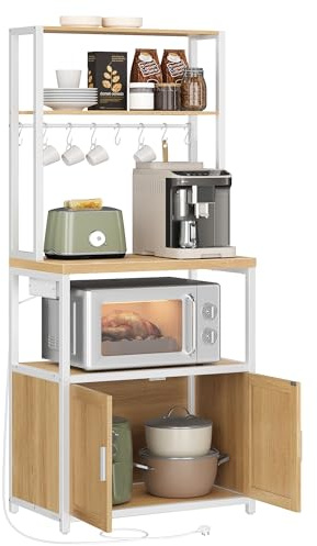 VASAGLE Kitchen Bakers Rack with Power Outlet, Coffee Bar Cabinet with 90 cm High Worktop, Microwave Stand with 8 Hooks, 40 x 60 x 170 cm, Golden Oak and Cloud White KKS058Y01