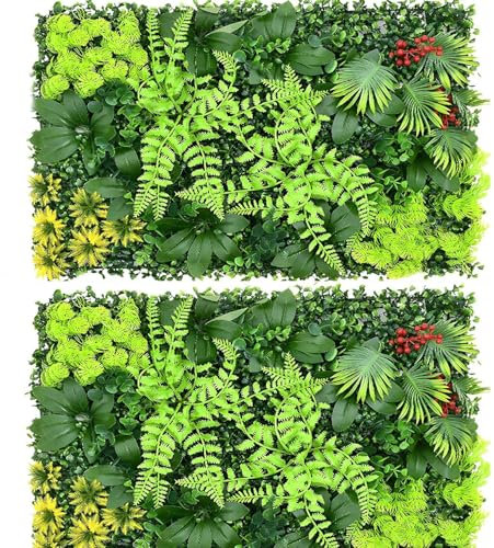 KTCINA 2Pcs Artificial Plant Flower Living Wall Panels 60x40cm Artificial Green Wall Panels Fence Privacy Screen Grass Wall Fence Screening Spring Leaf Backdrop for Indoor Outdoor Garden Wall Decor