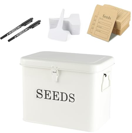 Xbopetda Seed Storage Box Organiser, Metal Garden Seed Tin with Side Handles and Lid, 3 Compartments & Safety Lock Seed Packet Container Seed Storage Container, Gardening Gifts for Gardeners (White)