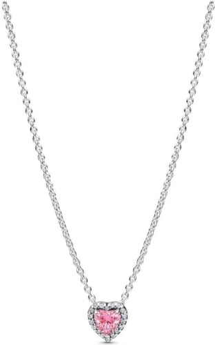 PANDORA Timeless rosafarbenes Erhabenes Herz Halskette aus Sterling Silber mit Zirkonia, Größe: 45cm, 398425C02-45