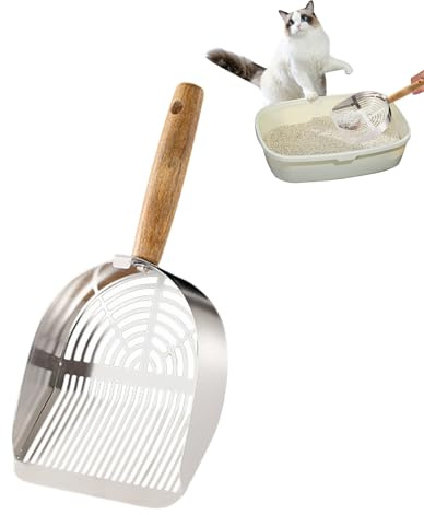 Katzenklo Schaufel Metall, Katzenstreuschaufel mit Holzgriff, Katzenschaufel Edelstahl für Katzenklo, Tiefer Katzenschaufel, Katzenstreu Schaufel Große, für Katzenstreu Klumpstreu,Litter Box Scoop (A)
