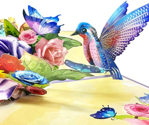 YianHien Geburtstagskarte Pop Up, Blauer Kolibri und Blumen Karte Geburtstag Geschenke für Frauen zum Danke Jahrestag Lehrertag Ruhestand Gute Besserung Glückwunsch Muttertag, Geburtstagskarte