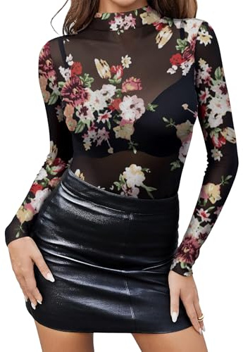 SEBOWEL Blumenmuster Mesh Shirt Damen Langarm Durchsichtige Oberteil Spitze Sheer Mesh Bluse Party Clubwear Schwarz M