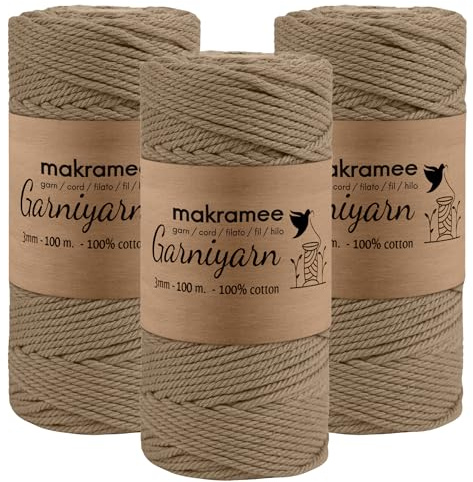 GARNIYARN Makramee Garn 3mm 3er-Set 300m,100% Baumwolle, Latte | OEKO-TEX, 4-fach gezwirnte Baumwollkordel für Makramee-Wandbehang, Blumenampel, Pflanzenhänger, Traumfänger und DIY-Projekte