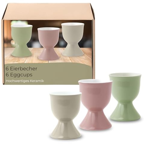 Eierbecher 6er Set in 3 hellen Farben aus Keramik - Spülmaschinenfeste Eierhalter für Frühstückstisch
