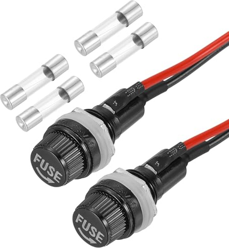 sourcing map 2 Pcs Panel Mount Fuse Holder, 10/15A AC 125/250V 5 x 20mm Fuse Spade Terminal Screw Cap Fuse Holders with Pre-Soldered Wires and 2A Glass Tube Fuses
